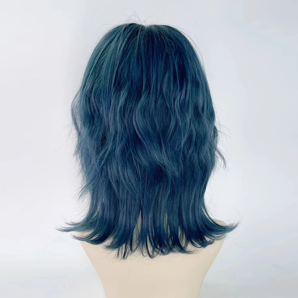 Synthetic Short Curly Blue Mullet Head Wig With Bangs Women Cosplay Anime Realistic Fake Hair For Daily Party