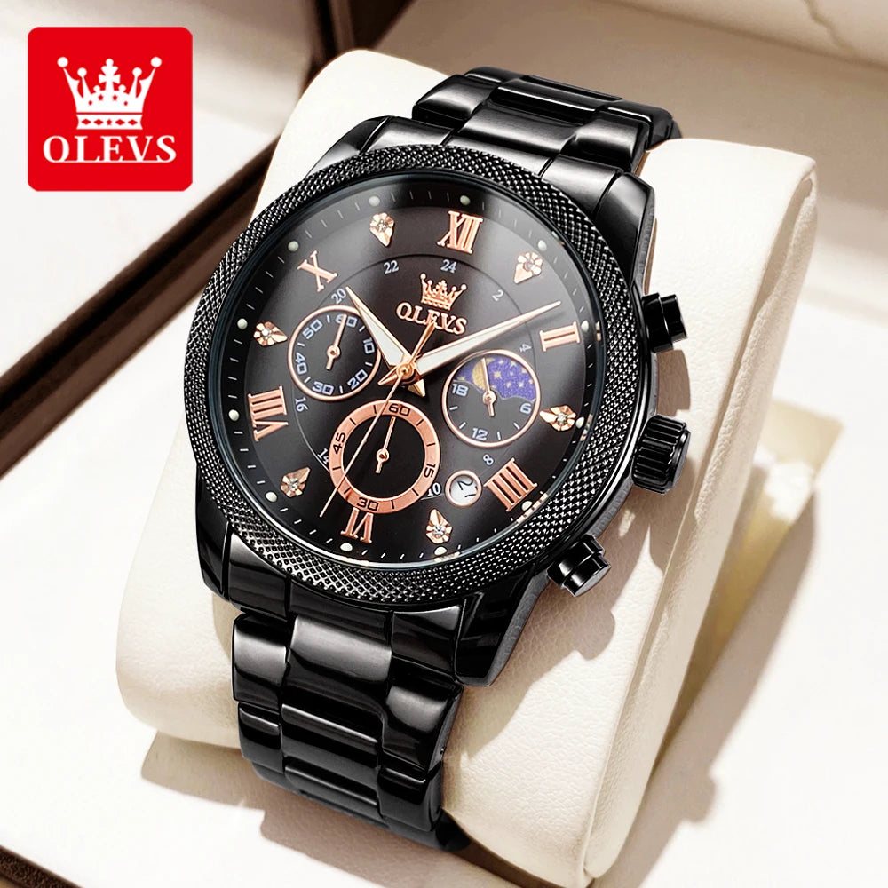 OLEVS Original Fashion Men's Watches Trendy 30m Waterproof Date Quartz Watch for Man luminous box moon phase Brand wristwatch
