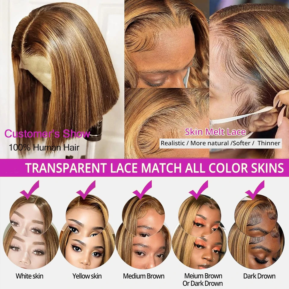 Highlight Dark Brown Blonde Straight Bob Wig 200 Density Virgin Human Hair 13x4 Lace Front Wigs HD Lace Wigs For Black Women