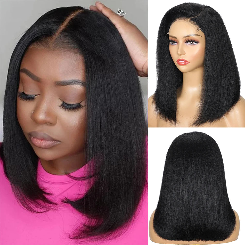 100% Human Hair Kinky Straight 5X5 HD Lace Closure Wigs PrePlucked 200% Density Yaki Straight 13x6 HD Glueless Lace Front Wigs