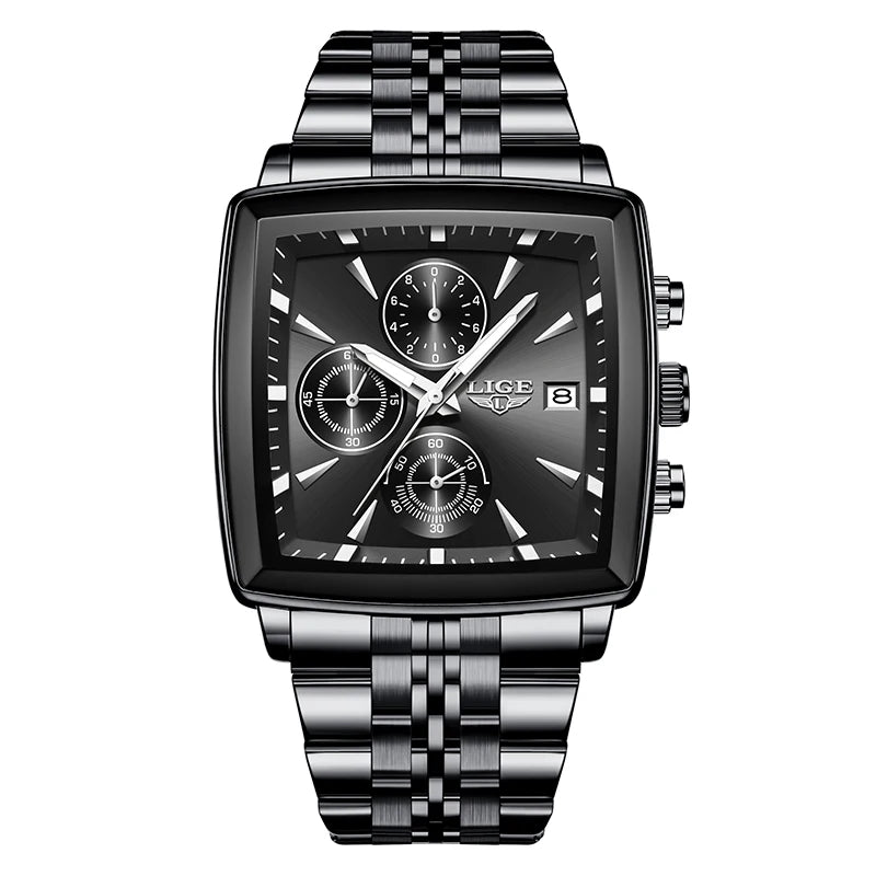 LIGE Business Men's Watches Square Waterproof Luminous Sports Quartz Watch Stainless Steel Strap Calendar Relogios Masculino+Box