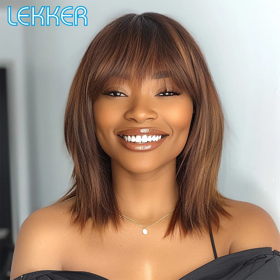 Lekker 12" Long Brown Pixie Cut Straight Bob 100% Human Hair Wigs With Bangs For Women Brazilian Remy Hair Glueless Colored Wig