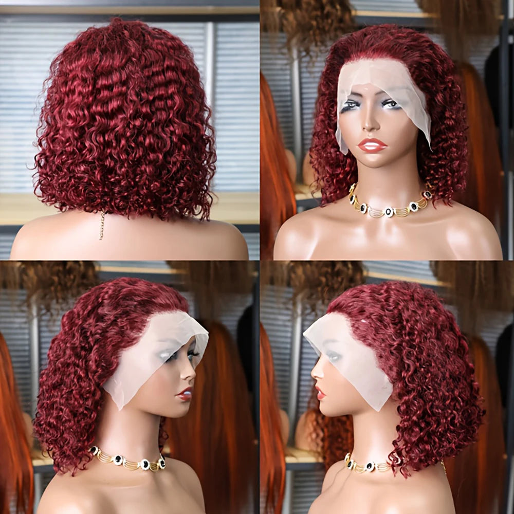 99J Burgundy Color Deep Wave Short Bob Human Hair Wigs 13x4 Lace Front Wig 10-16 Inch 100% Human Hair Curly Bob Wig 250% Density