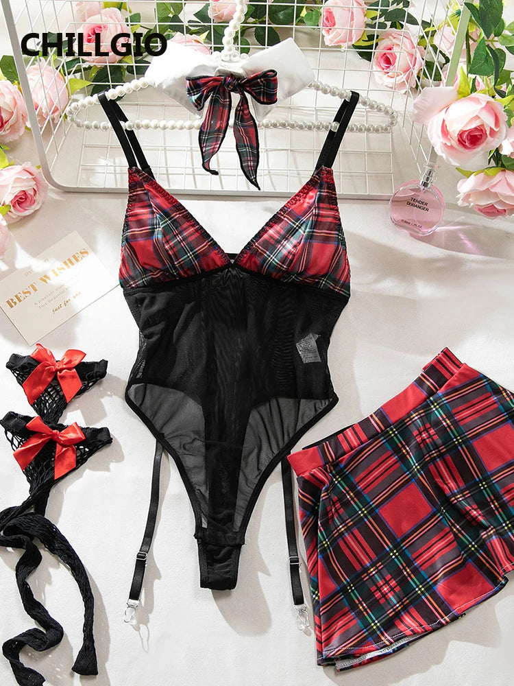 CHILLGIO Women Plaid Print Bodysuits Skirts 4 Pieces Sets Fashion Erotic Cosplay One Pieces Combination Strappy Rompers Lingerie