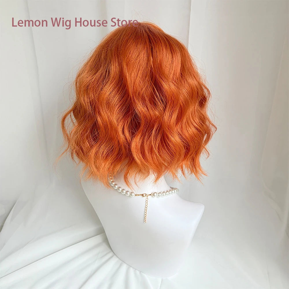 Short Wavy Orange Wig with Bangs 12inch Curly Hair Lolita High Quality Synthetic Wigs for Women Daily Cosplay Wig Heat Resistant