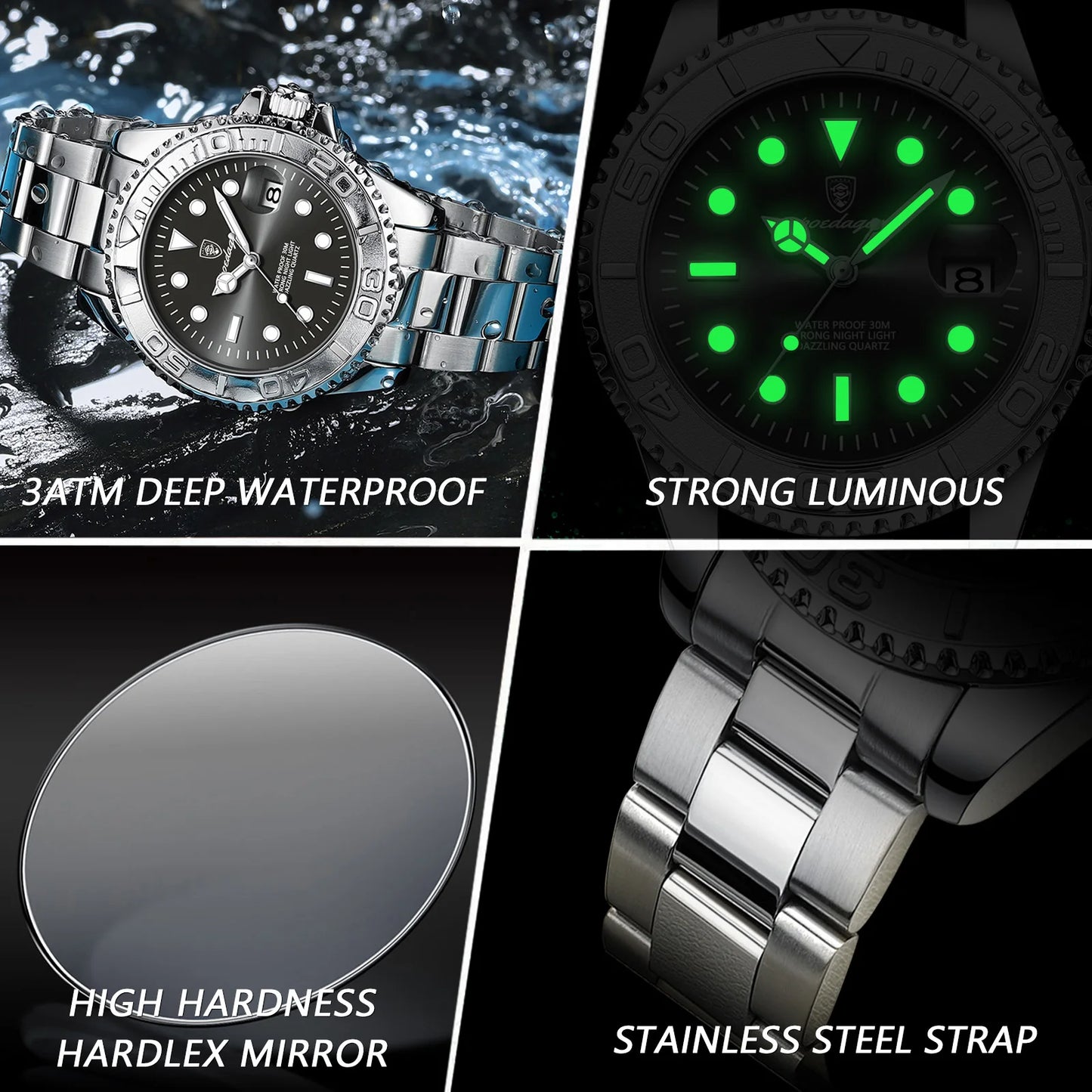 POEDAGAR Trendy Sport Man Watch Luminous Waterproof Stainless Steel Date Men Wristwatch Luxury Business Men's Quartz Watches+Box
