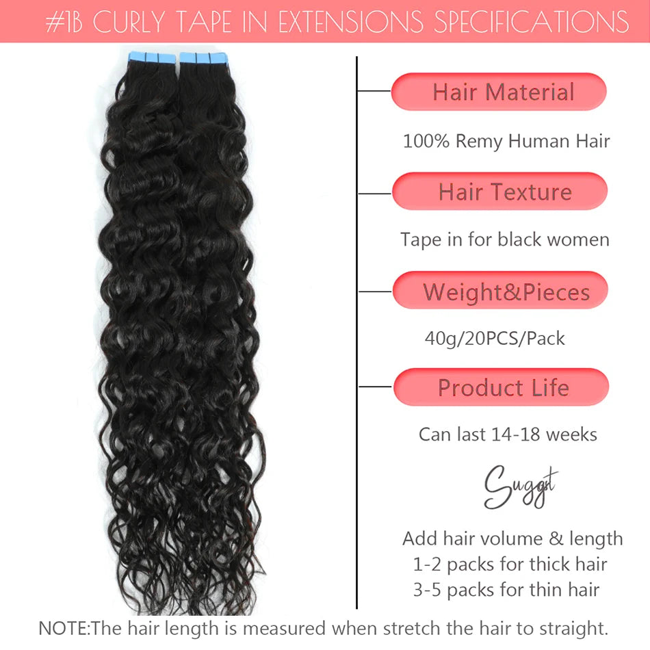 Water Wave Tape in Human Hair Extension Brazilian Hair Skin Weft Tape in Curly Human Hair 20 Pcs/Set Black Brown Blonde Color