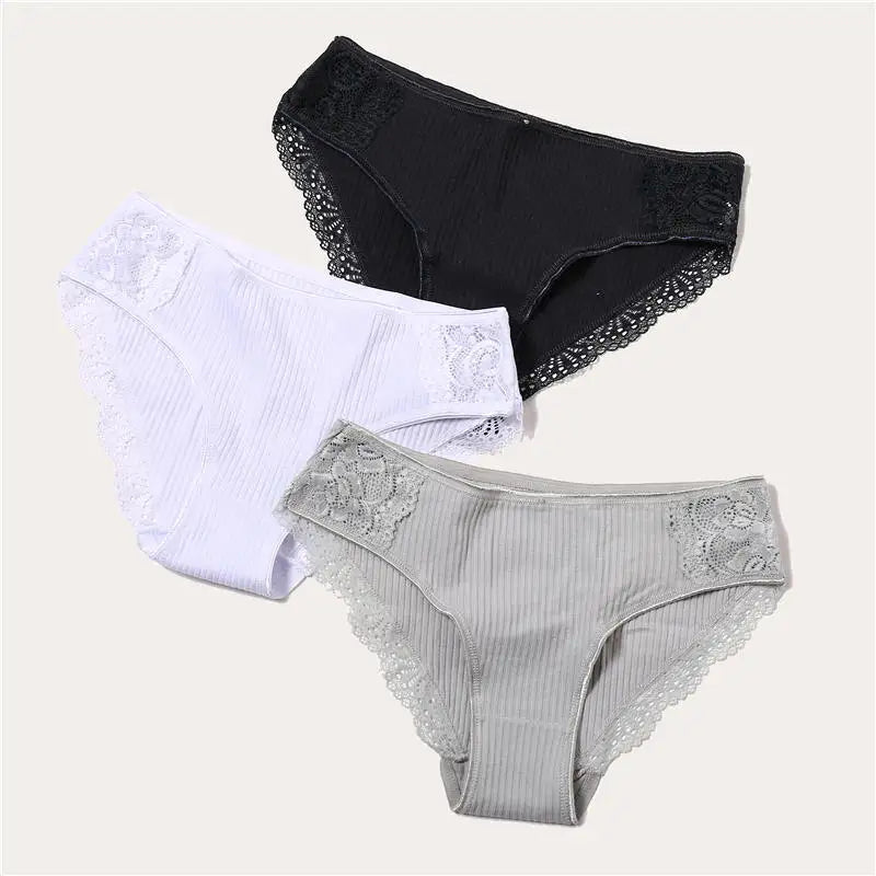 3PCS/Set 6 Color Women Panties Cotton Lace Briefs Solid Color for Female Striped Sexy Cotton Underwear Lingerie Low Waist Flower