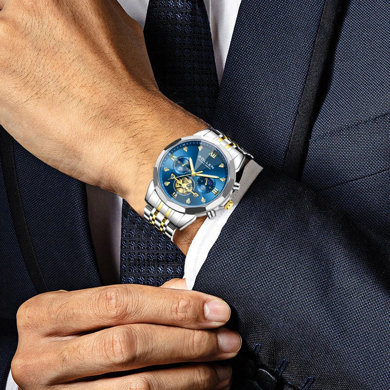Men's Moon Phase Chronograph Watch, Ultra-Thin Automatic Day Date Watch with Stainless Steel Strap, Casual Dress Watch for Busin