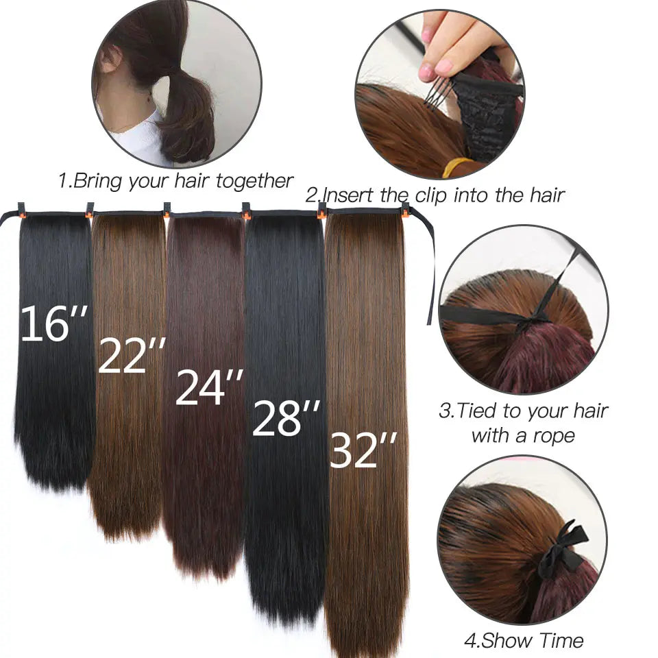 Straight Long Ponytail Extensions 22inch Natural Black Wrap Around Synthetic Hair Piece Pony Tail Hair Hairpieces for Women Girl