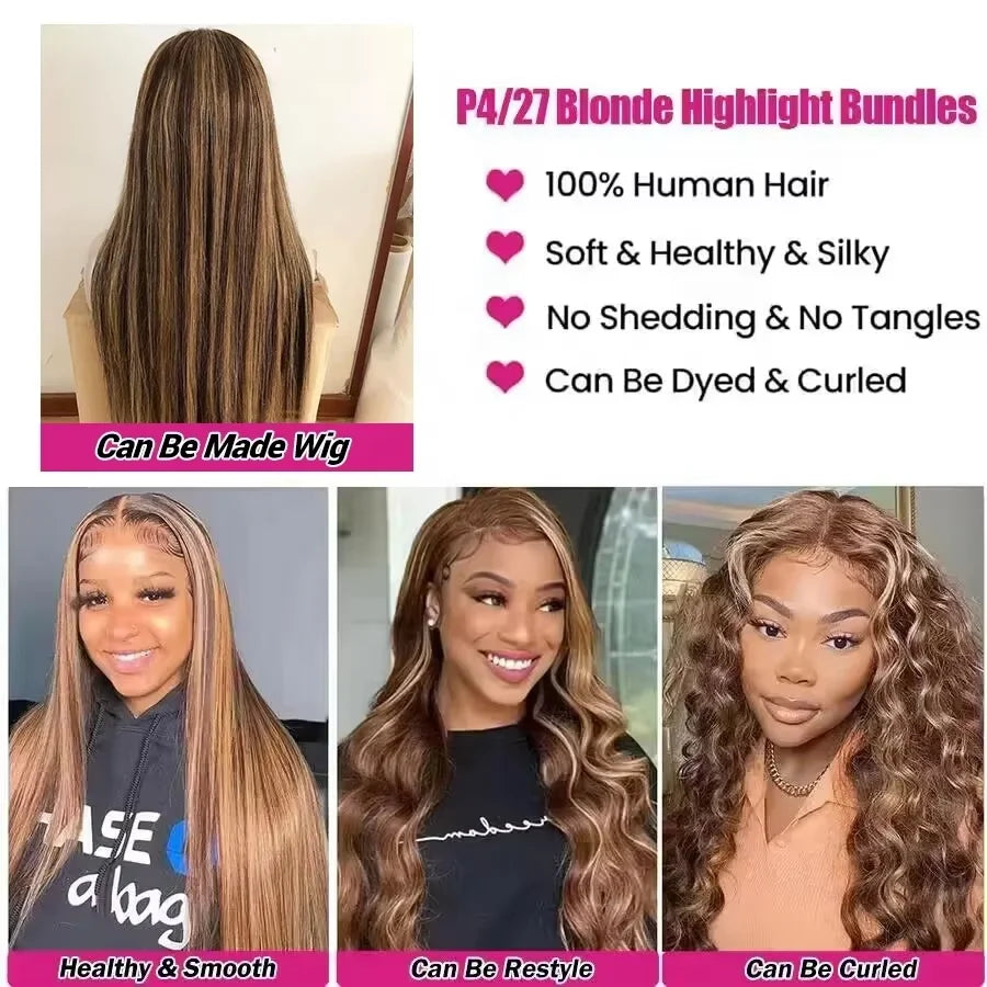 Piano Color 4/27 Straight Bundles Virgin Human Hair Brazilian Hair Weaving Highlight Human Hair 2/3 Bundles Deals For Extensions