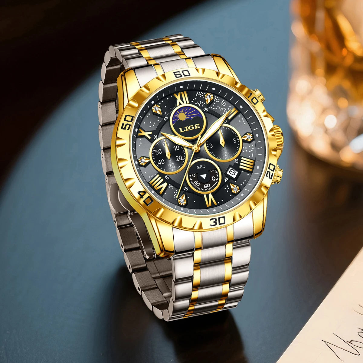 LIGE Top Brand Luxury Quartz Man Watch Casual Sport Stainless Luminous Waterproof Chronograph 24H Moon Phase Watches for Men+Box