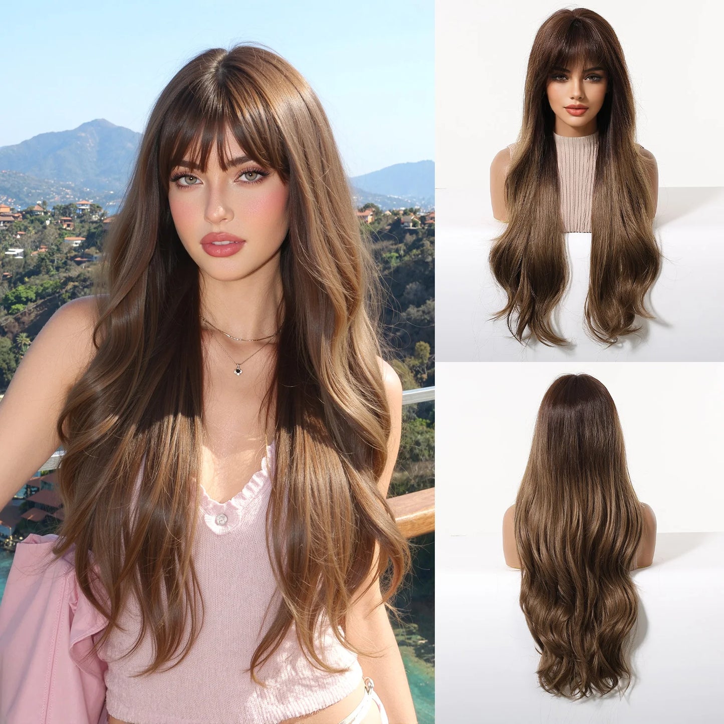 LOUIS FERRE Long Wavy Ombre Brown Wig with Bangs Synthetic Hair Wig Heat Resistant Daily Wear Office Party Cosplay Halloween