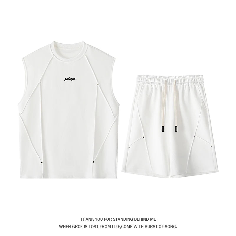 For Men's Splicing Summer Simple Breathable Round Neck Vest Shorts Five-point Pants Set Casual Rivet Decorative Sports Vest Top