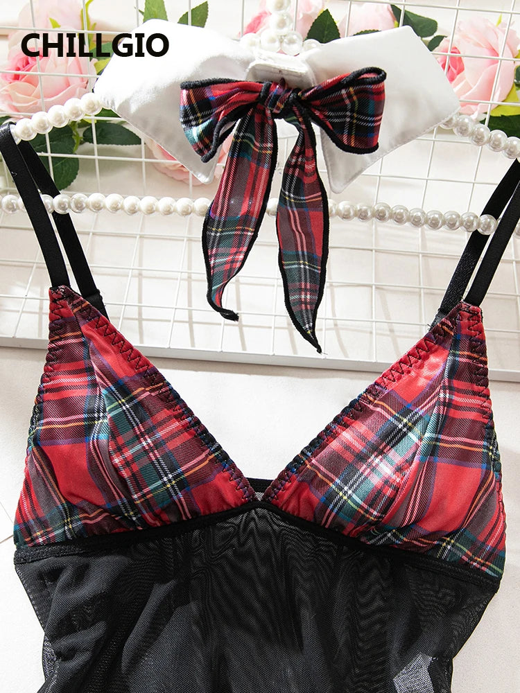 CHILLGIO Women Plaid Print Bodysuits Skirts 4 Pieces Sets Fashion Erotic Cosplay One Pieces Combination Strappy Rompers Lingerie