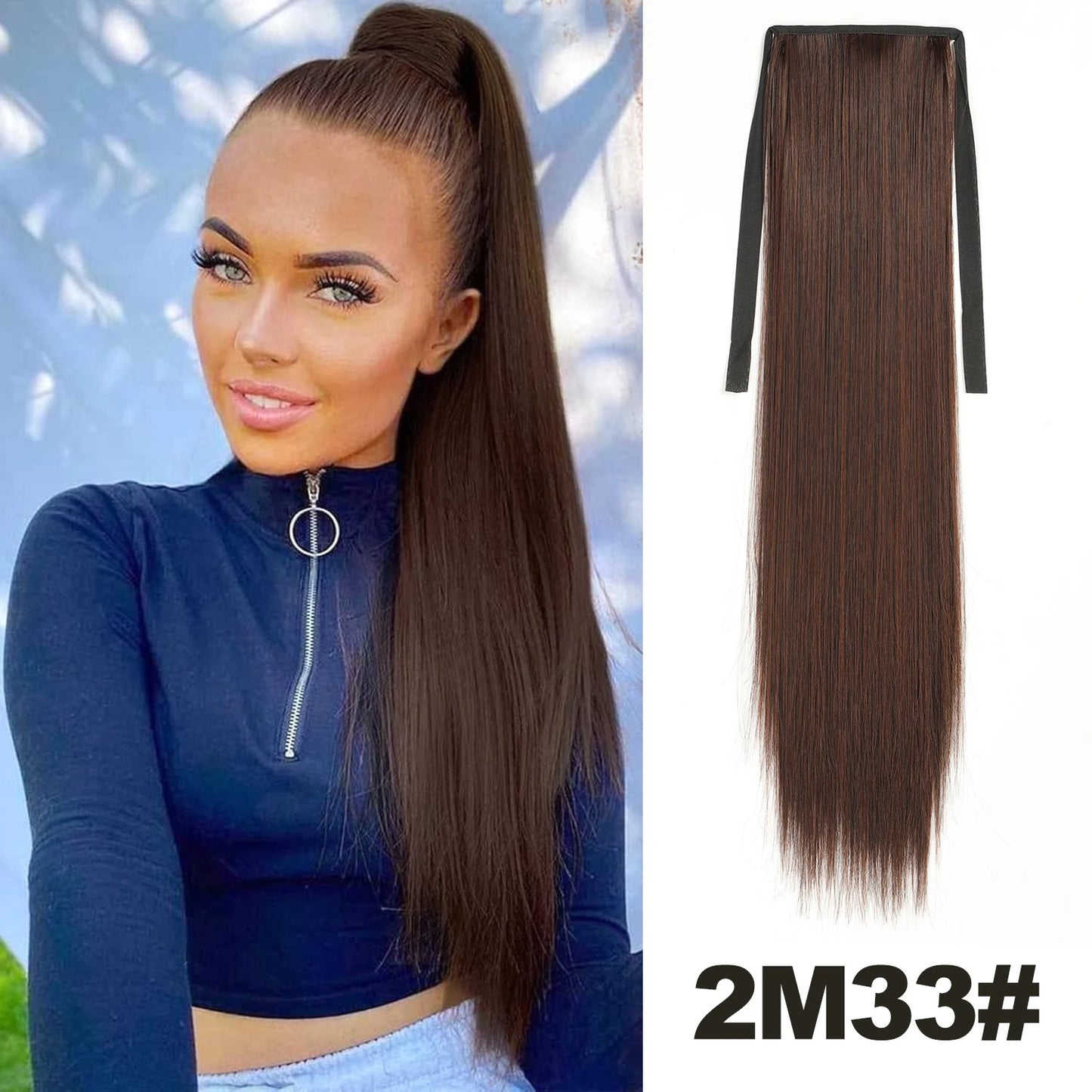 Straight Long Ponytail Extensions 22inch Natural Black Wrap Around Synthetic Hair Piece Pony Tail Hair Hairpieces for Women Girl