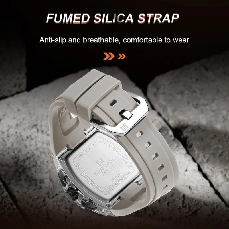 NAVIFORCE Mens Sport Watches 5ATM Waterproof Chronograph Tonneau Silicone Strap Luminous Casual Quartz Male Wristwatch Gifts box