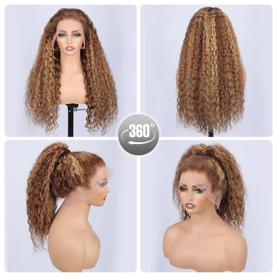 Highlight Ombre Hidden Strap 360 Drawstring Wigs Human Hair Pre Plucked Pre Bleached 260 Density Deep Wave Full Lace Frontal Wig