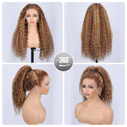 Highlight Ombre Hidden Strap 360 Drawstring Wigs Human Hair Pre Plucked Pre Bleached 260 Density Deep Wave Full Lace Frontal Wig