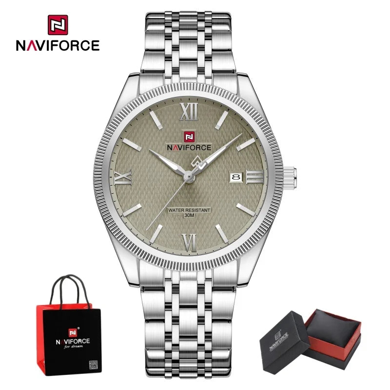 NAVIFORCE Men Elegant Business Stainless Steel Watch 30M Waterproof Luminous Hands Japan Movement Wristwatch Gifts box