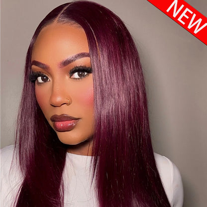 #99J Burgundy Layered straight Glueless Wig 14 Inch 13x6 HD Transparent Lace Frontal Wig 400 Density Human Hair Wigs Pre Plucked