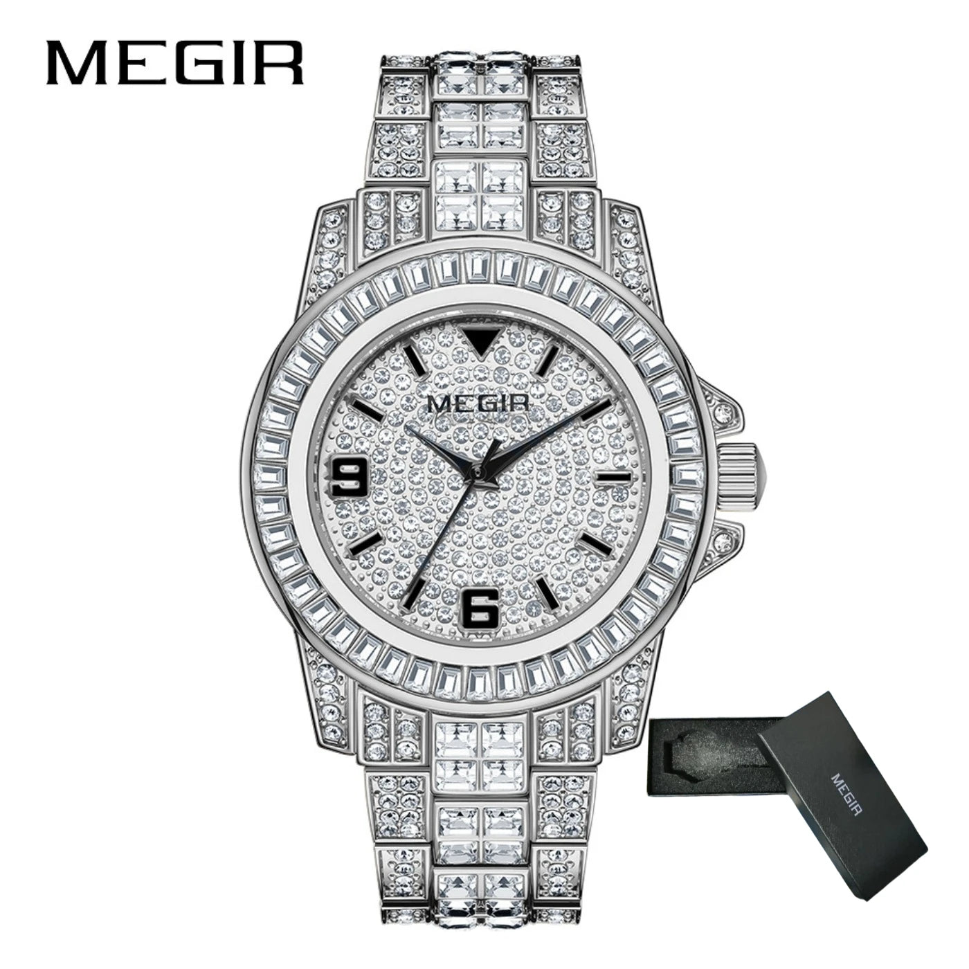 MEGIR Luxury Diamond Watches Unisex Fashion Analog Quartz Watch Bracelet Wristwatch Men Rhinestone Strap Relogios Masculino