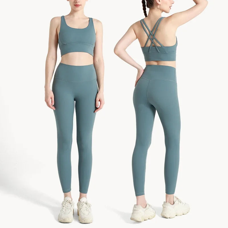 Summer New 2 Piece Yoga Clothes  Women's Tracksuit Athletic Cross Back Nylon Yoga Top Women Sports Bra Leggings Pilates Fitness