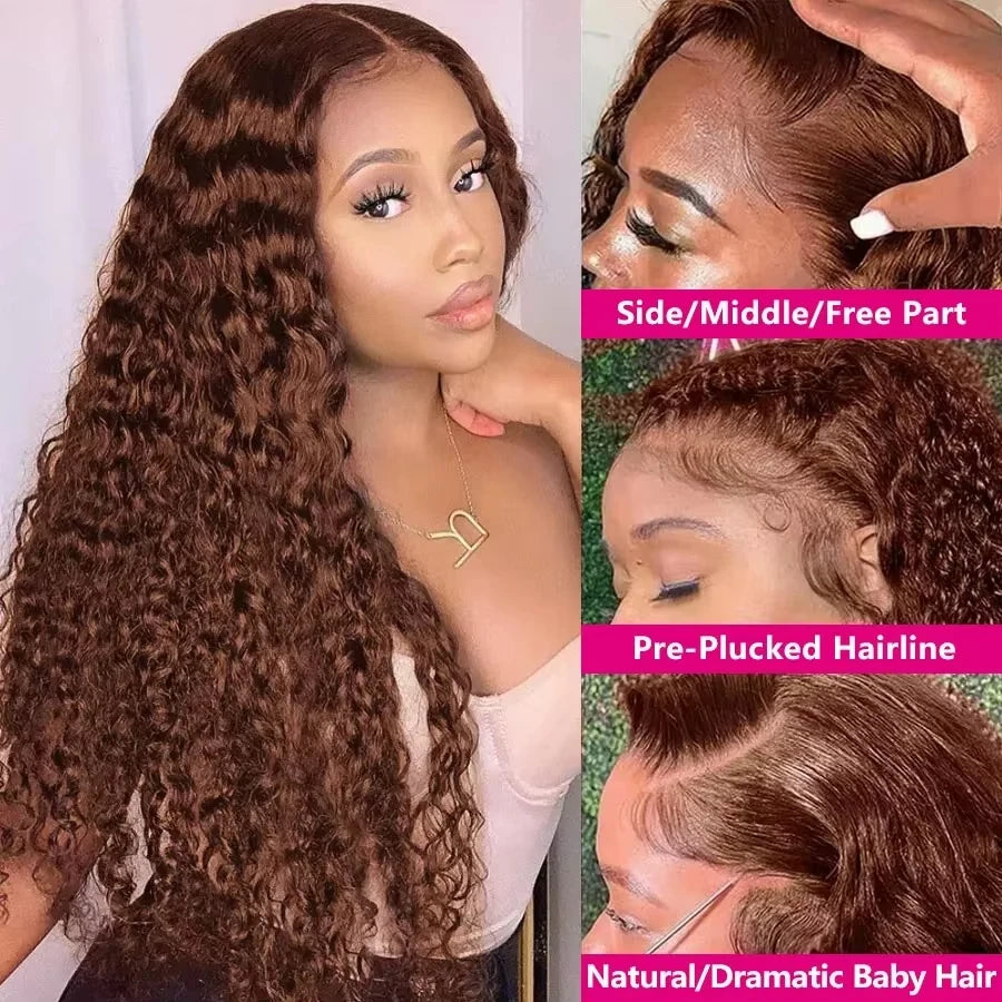 34 Inch Deep Wavy Lace Front Wig in Chocolate Brown Featuring 200 Density And 13X6 HD Lace. This Curly Human Hair Wig Is Ideal for Women And Comes with Pre-Added Natural Hair Threads in Shade 4 Brown