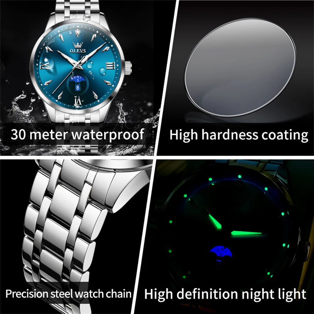 OLEVS Moon Phase men's watches calendar 30m waterproof quartz watch for man fashion minimalist Original wristwatch brand watch