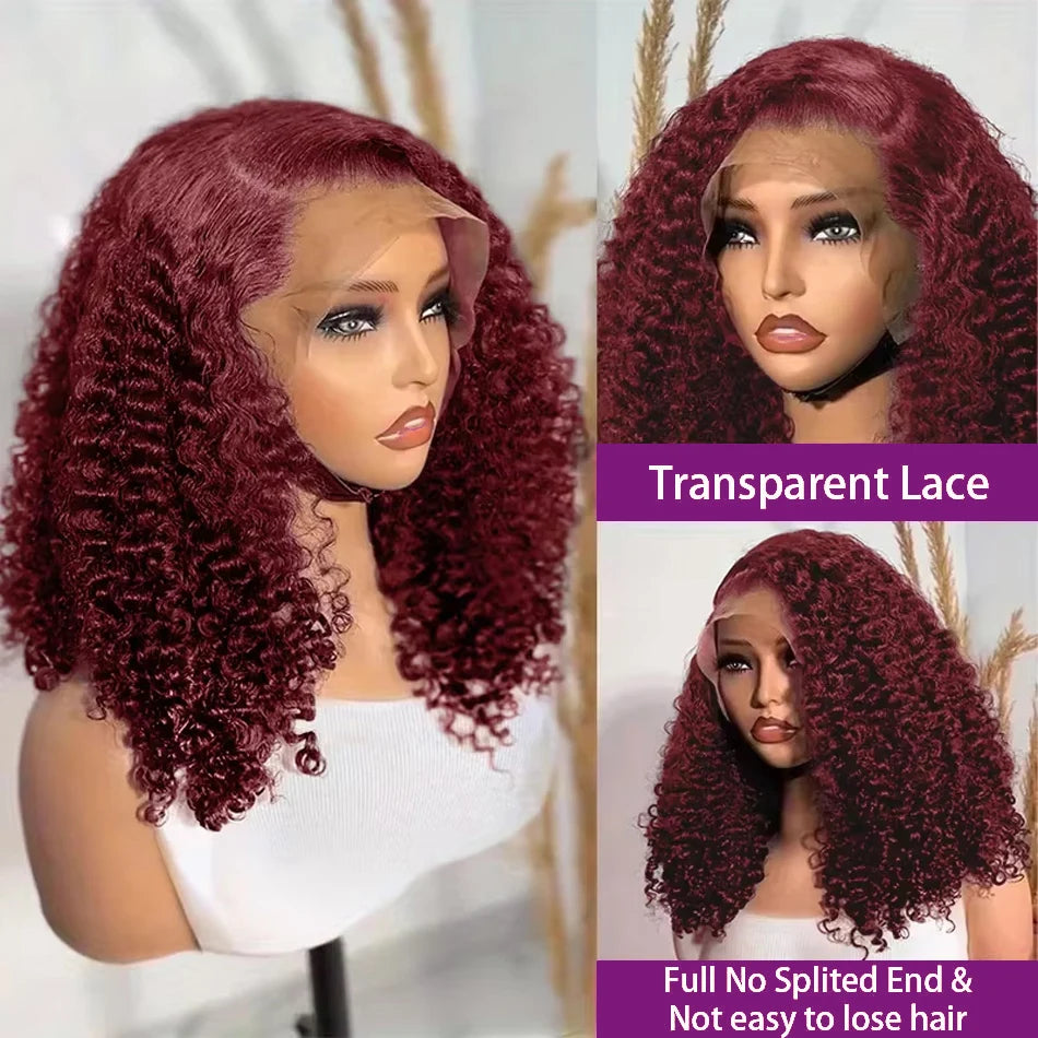 99J Burgundy Color Deep Wave Short Bob Human Hair Wigs 13x4 Lace Front Wig 10-16 Inch 100% Human Hair Curly Bob Wig 250% Density