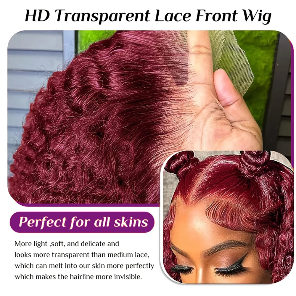 99J Burgundy Color Deep Wave Short Bob Human Hair Wigs 13x4 Lace Front Wig 10-16 Inch 100% Human Hair Curly Bob Wig 250% Density