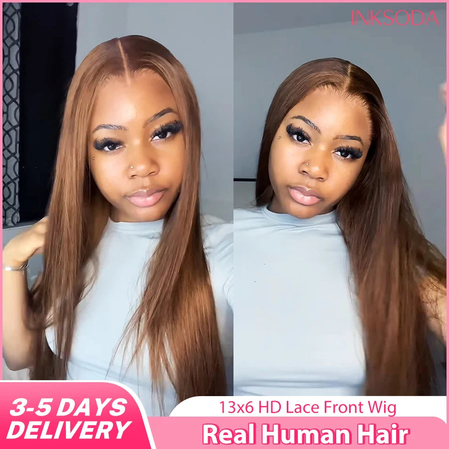 220% Density 34 Inch Chocolate Brown Bone Straight Lace Front Human Hair Wig Straight Wig 13x6 Transparent HD Lace Frontal Wigs
