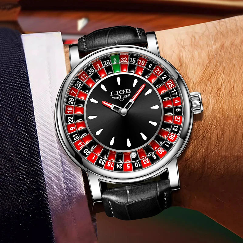 Lige Men's watches Featured Waterproof luminous quartz wristwatch Dial Las Vegas Roulette Table Desk Theme mens watch Reloj+BOX