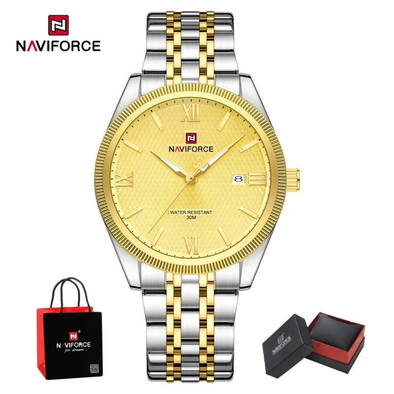 NAVIFORCE Men Elegant Business Stainless Steel Watch 30M Waterproof Luminous Hands Japan Movement Wristwatch Gifts box