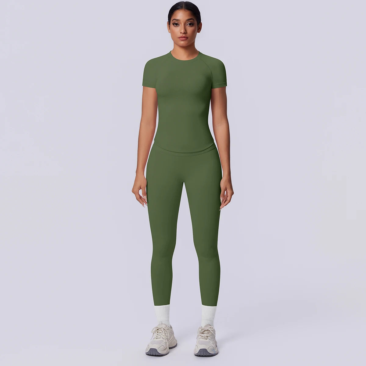 Rooftrellen New 2PCS/set Yoga Set Summer Quick Drying Fitness Sports Workout Top T-Shirt High Stretch Seamless Yoga Leggings Set