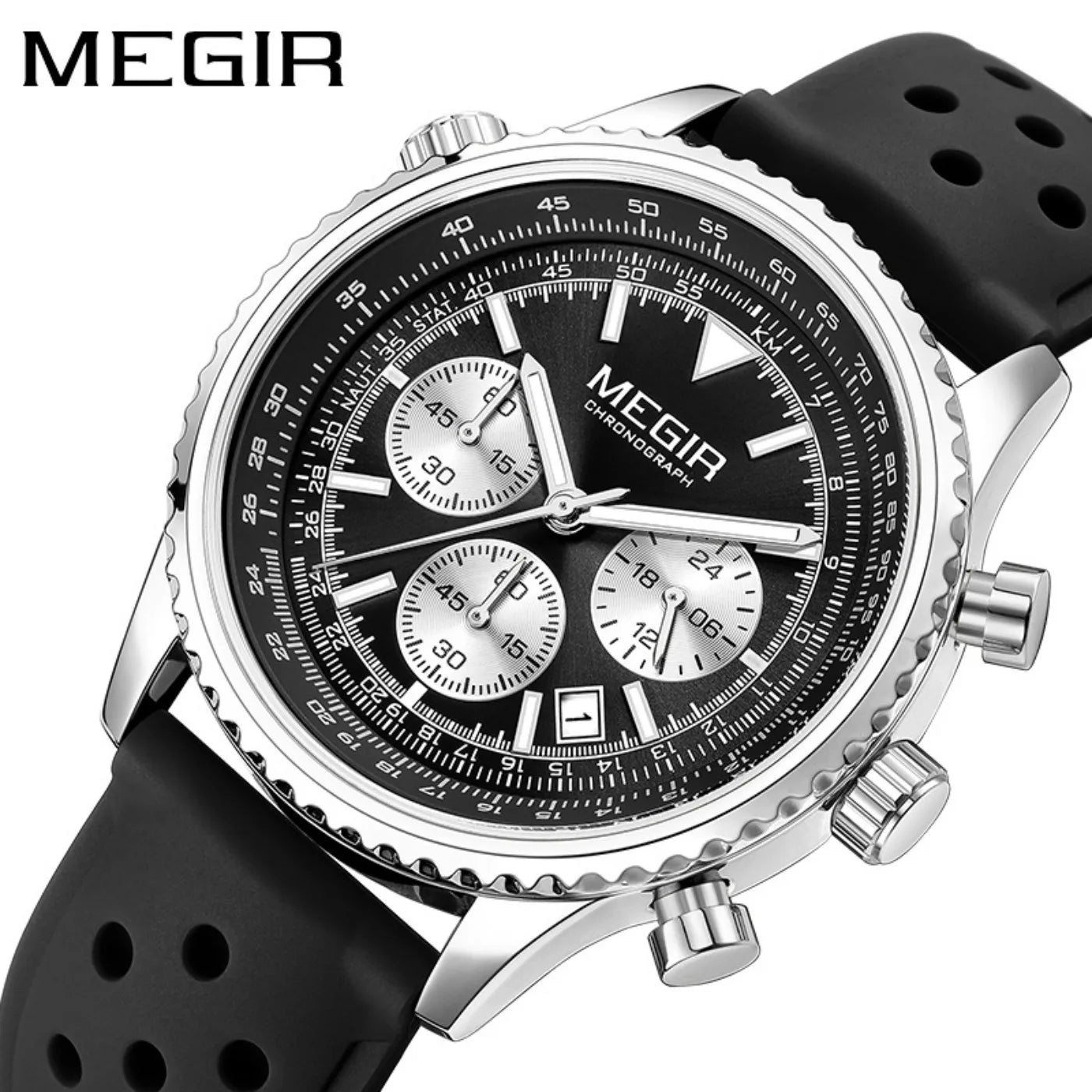MEGIR Silver Black Quartz Watch Men Military Sport Chronograph Wristwatch with Silicone Strap Luminous Hands Auto Date 2236