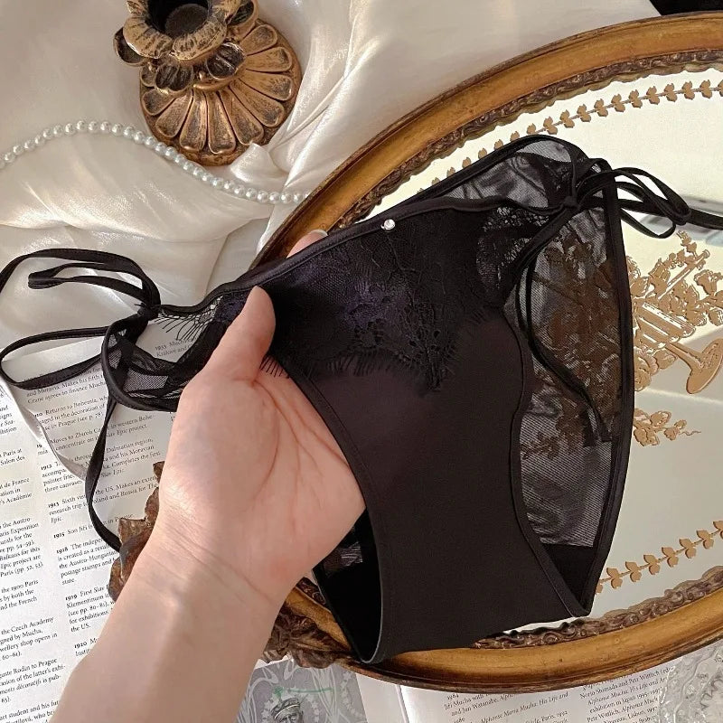 French Romantic Lace Mesh Sexy Women's Underwear Low Waist Cotton Crotch Satin Transparent Panties Thin Erotic Briefs Lingerie