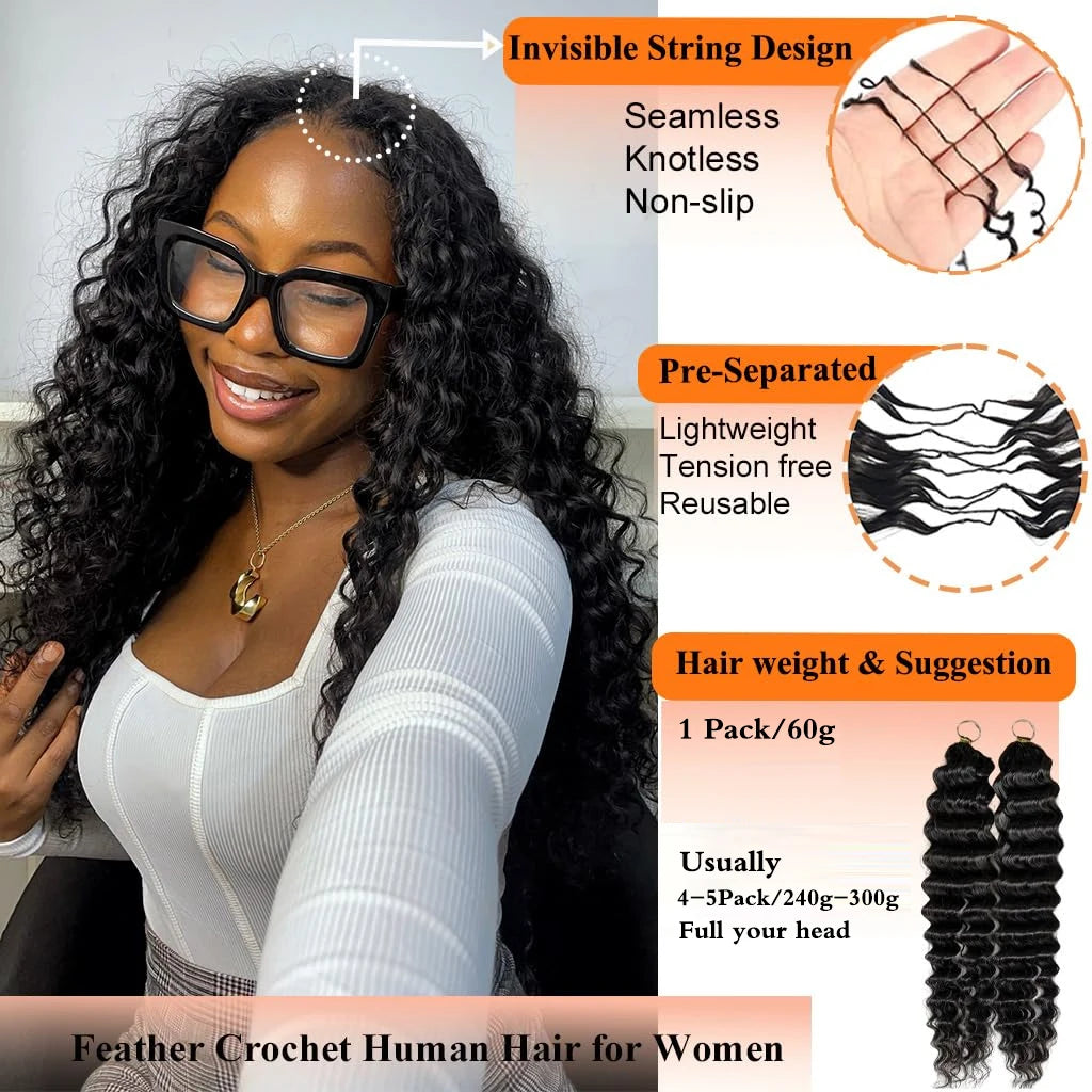 Geeta 100% Human Hair Feather Crochet 12A 240g 300g Deep Wave Pre-Separated Feather Crochet Invisible Crochet Hair Extensions