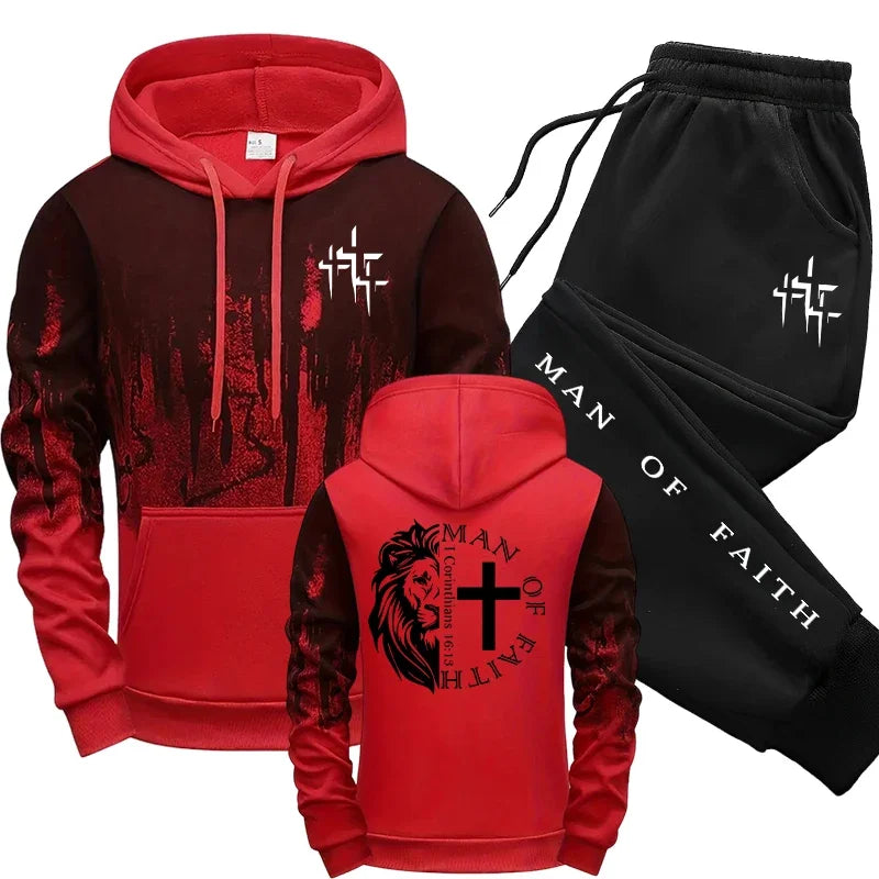 Man of Faith Pattern Men's Set Hooded Sweatshirt and Black Sweatpants Fall Winter Daily Casual Sports Jogger Suit Hoodie Outfits