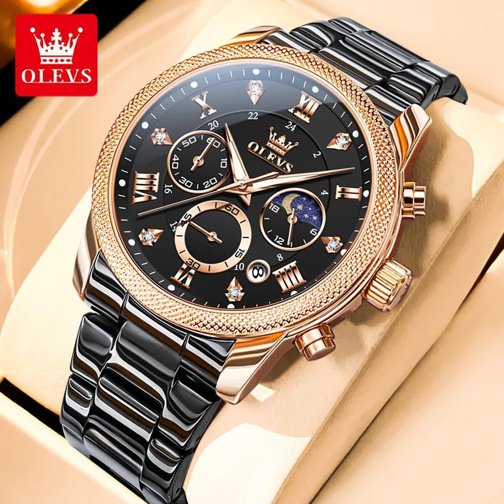 OLEVS Original Fashion Men's Watches Trendy 30m Waterproof Date Quartz Watch for Man luminous box moon phase Brand wristwatch