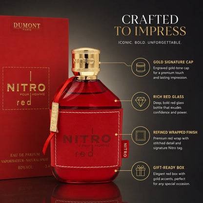 Dumont Nitro Red Pour Homme Eau de Parfum for Men, 3.4 Fl Oz / 100ml, Bold Masculine Fragrance Spray with Red Bottle and Gift Box for Daily Wear, Date Night and Special Occasions