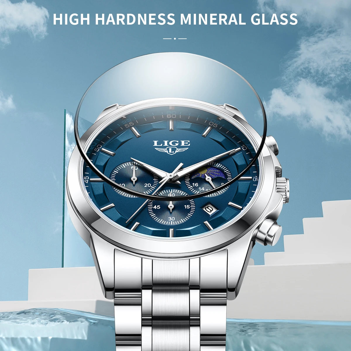 LIGE Luxury Fashion Quartz Man Watch Classic Business Auto Date Gentlemen Steel Band Moon Phase Waterproof Watches for Men Male