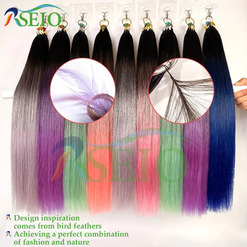 RESIO  Feather Hair Extensions Straight 100% Real Human Microring Hair Extensions Color Purple Blue Pink Gray 18-20inch