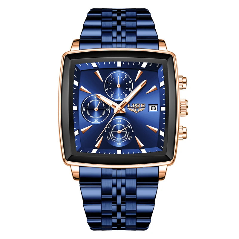 LIGE Business Men's Watches Square Waterproof Luminous Sports Quartz Watch Stainless Steel Strap Calendar Relogios Masculino+Box