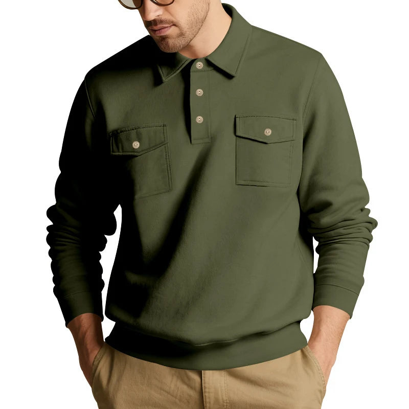 Men's 2026 European Size Heavyweight Sweatshirt, American Spring Autumn, Double Pocket Cargo Moto Style, Casual Turn-Down Collar