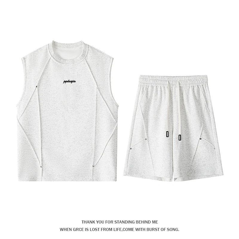 For Men's Splicing Summer Simple Breathable Round Neck Vest Shorts Five-point Pants Set Casual Rivet Decorative Sports Vest Top
