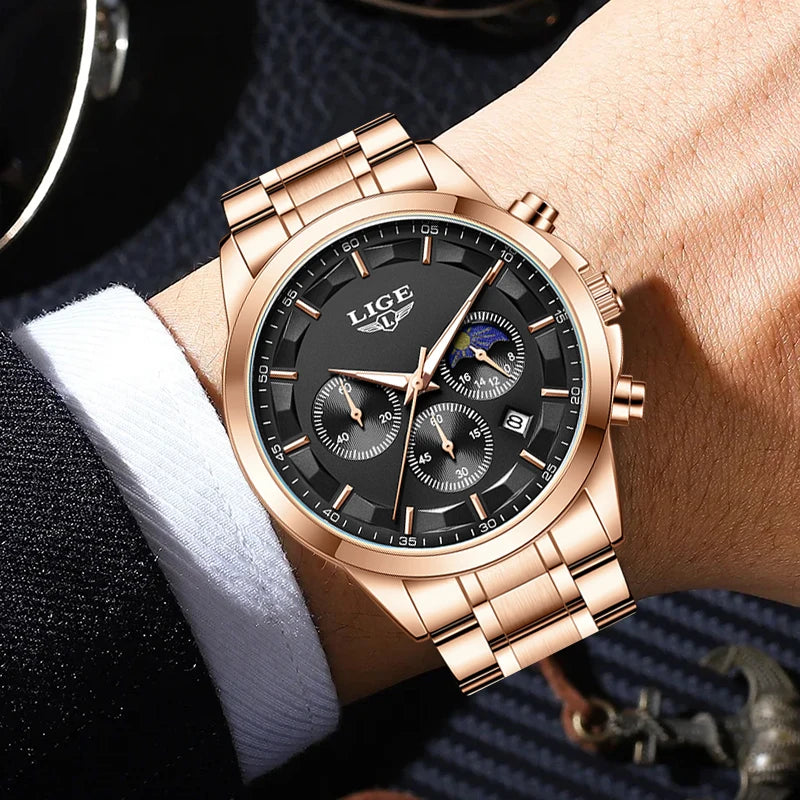 LIGE Luxury Fashion Quartz Man Watch Classic Business Auto Date Gentlemen Steel Band Moon Phase Waterproof Watches for Men Male