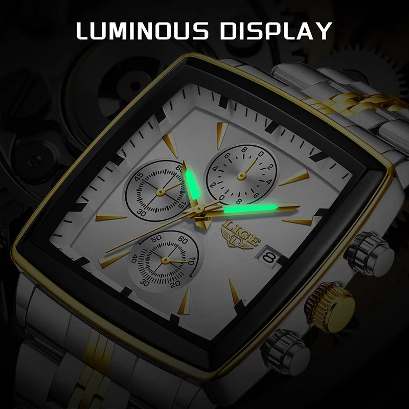 LIGE Business Men's Watches Square Waterproof Luminous Sports Quartz Watch Stainless Steel Strap Calendar Relogios Masculino+Box