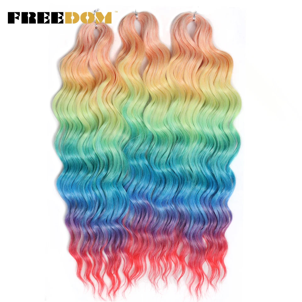 FREEDOM Synthetic Curly Braiding Hair Extensions 24 Inch/60 cm Long Deep Wavy Twist Crochet Braids Hair Ombre Brown Rainbow Hair
