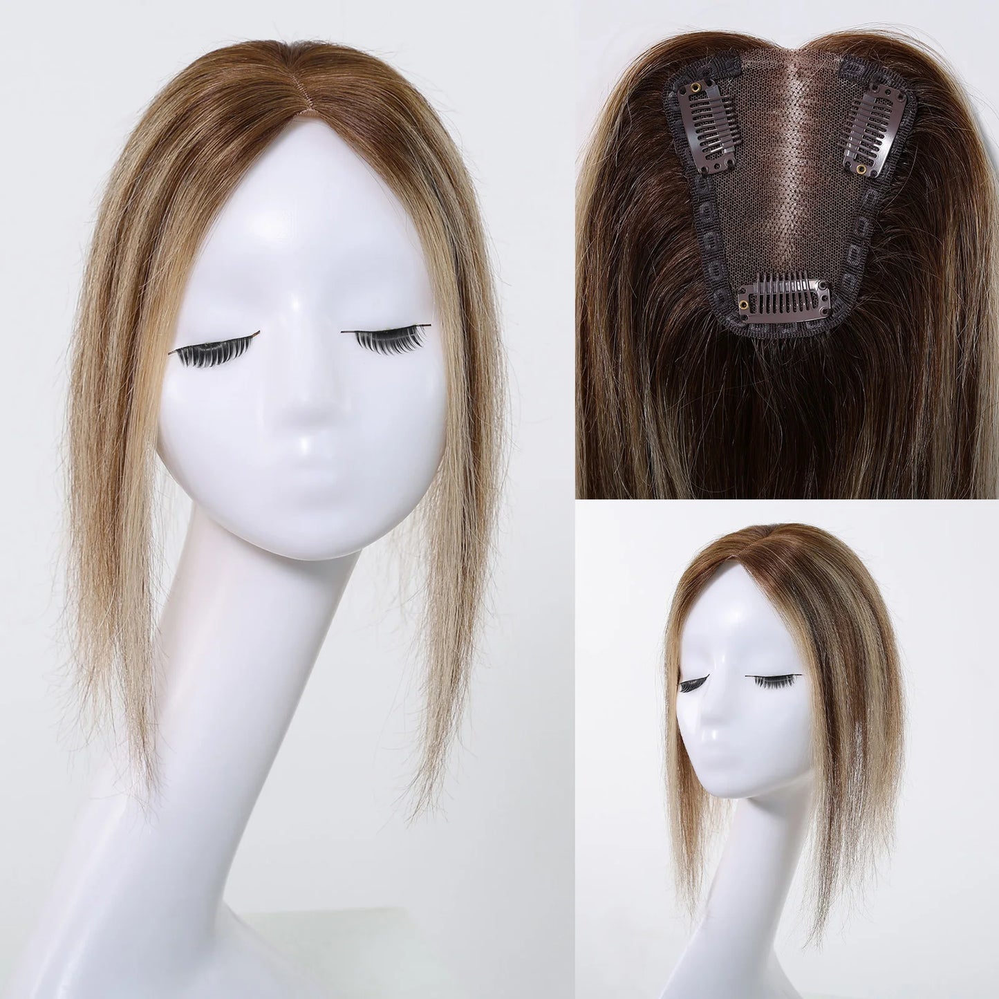 Brown Mixed Blonde Human Hair Toppers Middle Part 100% Remy Human Hair Straight Lace Base Clip in Hairpieces for Women Loss Hair
